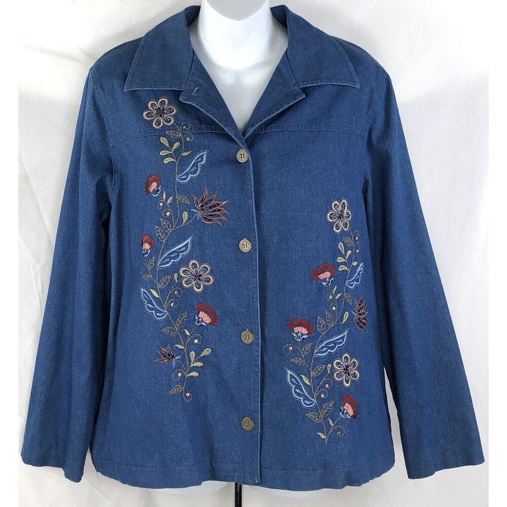 Alfred Dunner Chambray Denim Jacket 16P Blue Floral Embroidered Hippie Cottage
